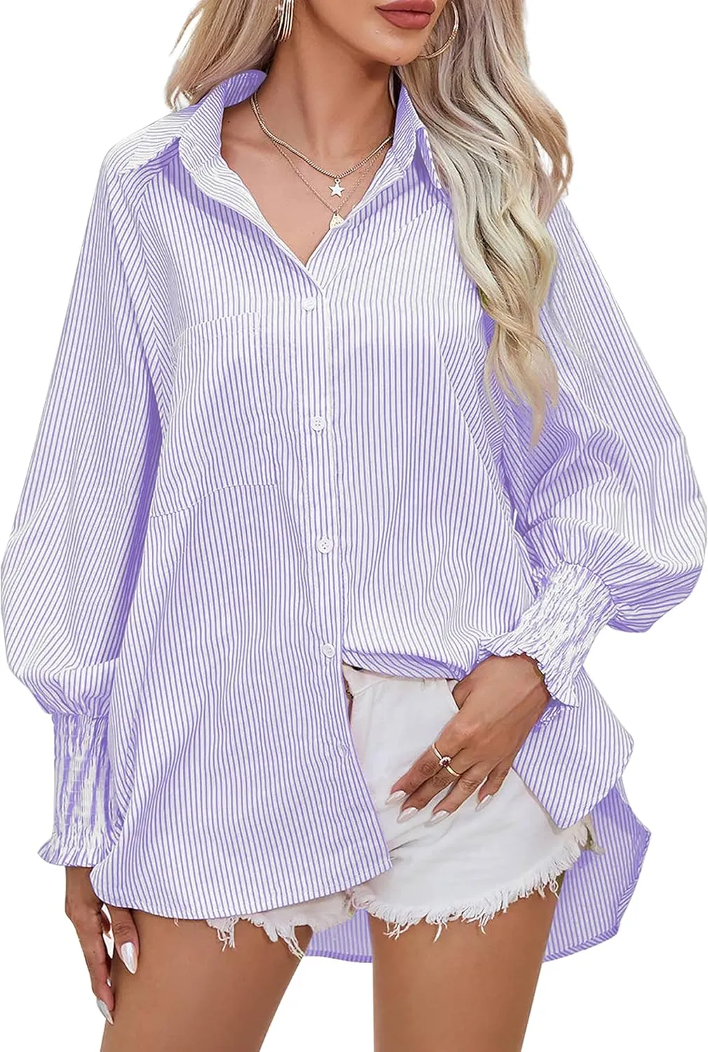Women's Wrinkle-Resistant Smocked Cuffed Striped Button Shirt with Pocket Oversized Casual Boyfriend Blouse