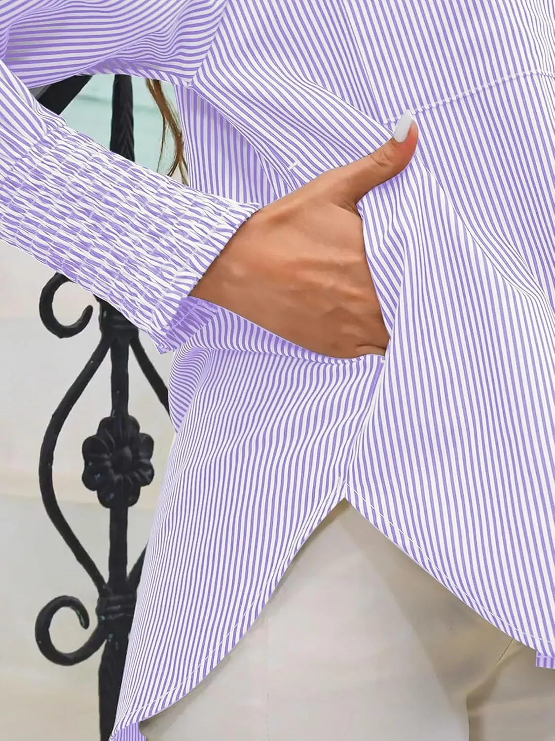 Women's Wrinkle-Resistant Smocked Cuffed Striped Button Shirt with Pocket Oversized Casual Boyfriend Blouse