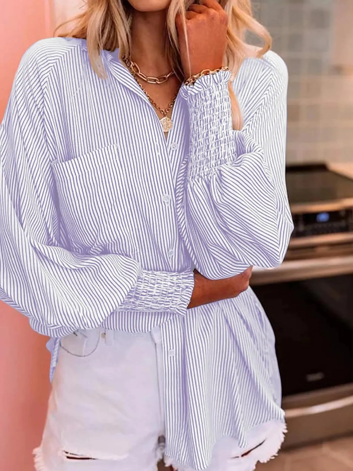 Women's Wrinkle-Resistant Smocked Cuffed Striped Button Shirt with Pocket Oversized Casual Boyfriend Blouse