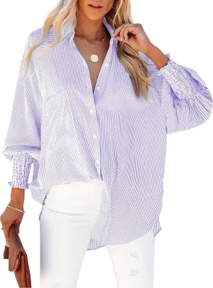 Women's Wrinkle-Resistant Smocked Cuffed Striped Button Shirt with Pocket Oversized Casual Boyfriend Blouse