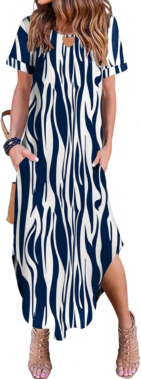 Zeagoo Womens Maxi Summer Dress with Pockets Casual Short Sleeve Sundress Trendy 2025 Curve Hem Long Dresss