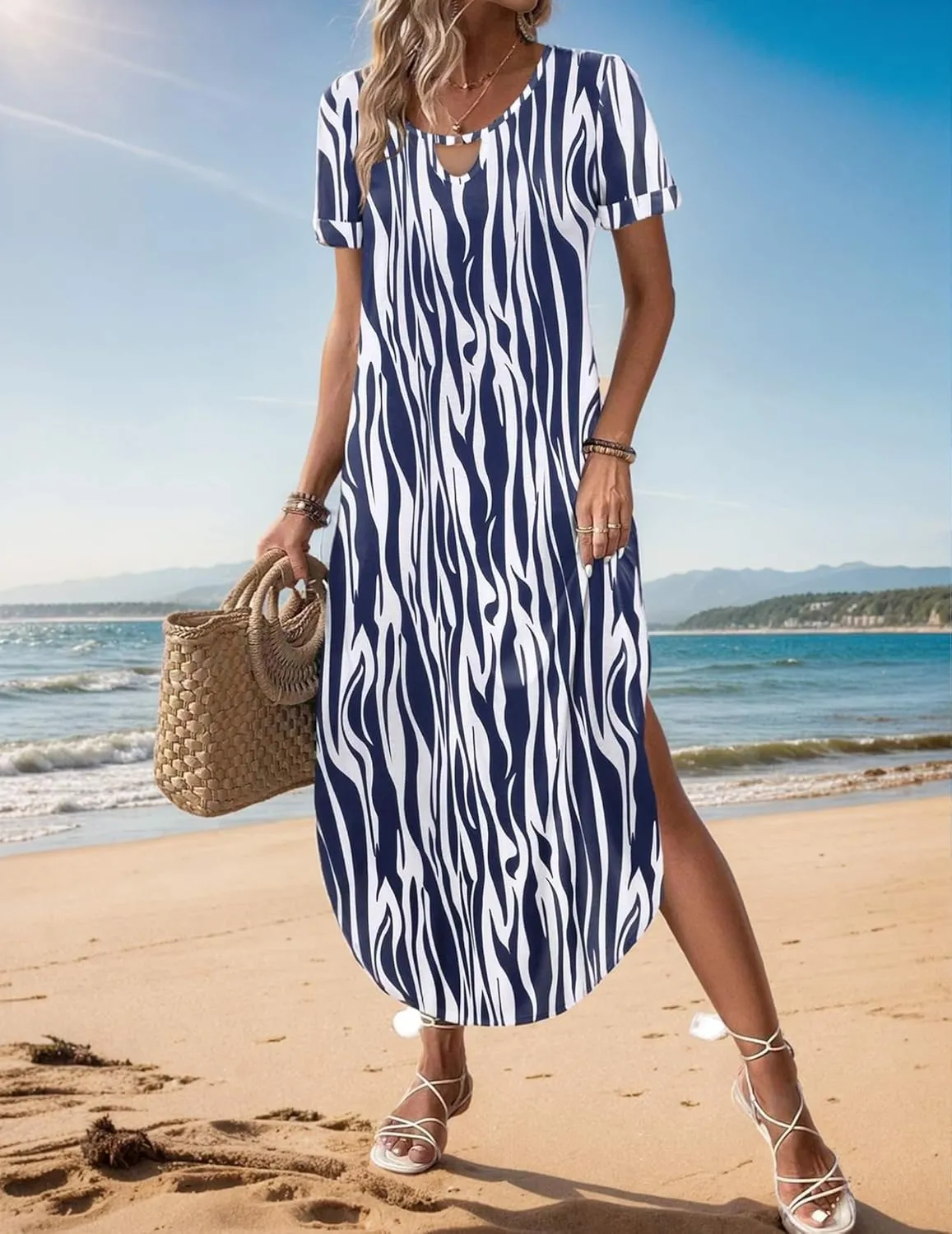 Zeagoo Womens Maxi Summer Dress with Pockets Casual Short Sleeve Sundress Trendy 2025 Curve Hem Long Dresss